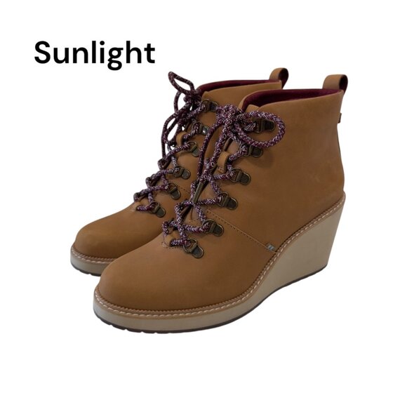 Toms Melrose Womens Tan Suede Wedge Booties With Burgundy Lace-Up Detail SZ 8.5 - Picture 1 of 14